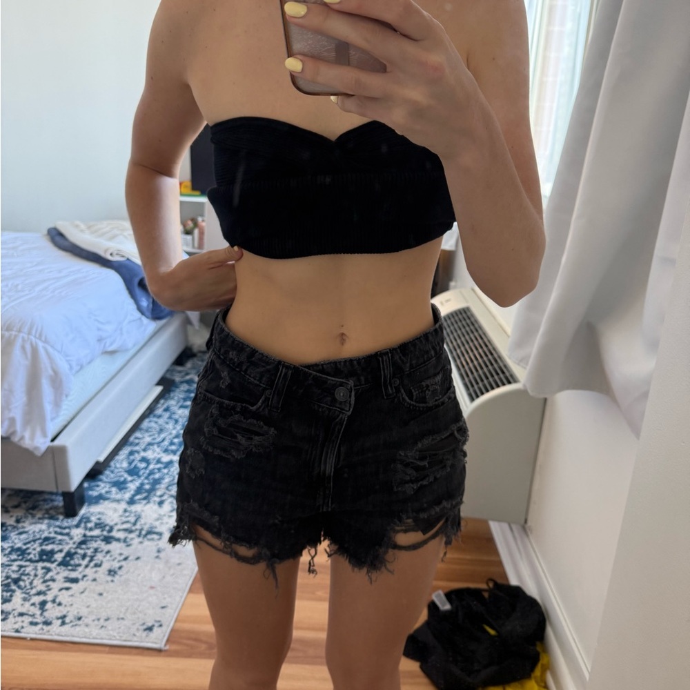 High-Waist Black Distressed Denim Shorts